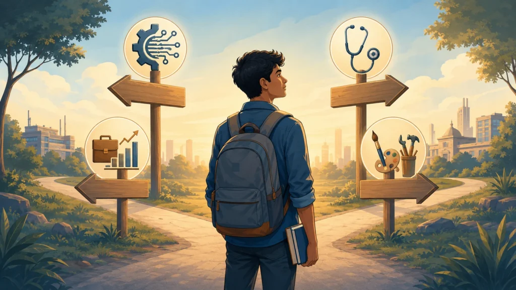 "Student standing at a crossroads choosing between the best career options after 12th"