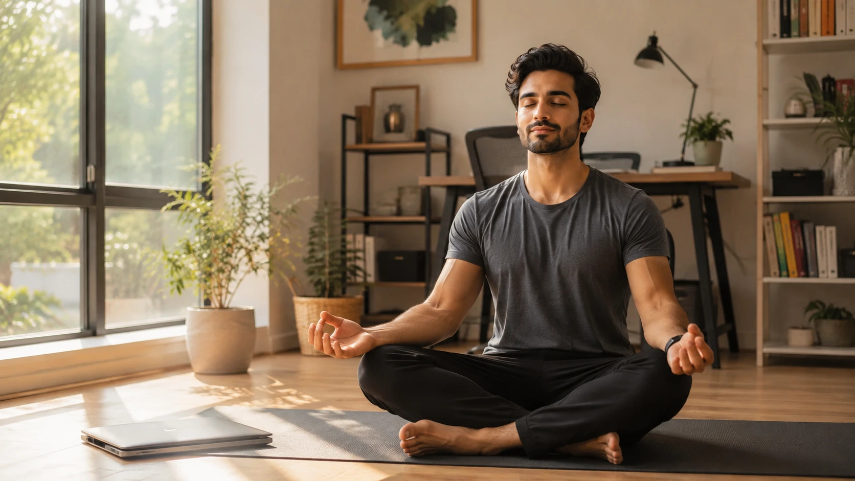 "Founder practicing yoga for beginners before starting the workday"