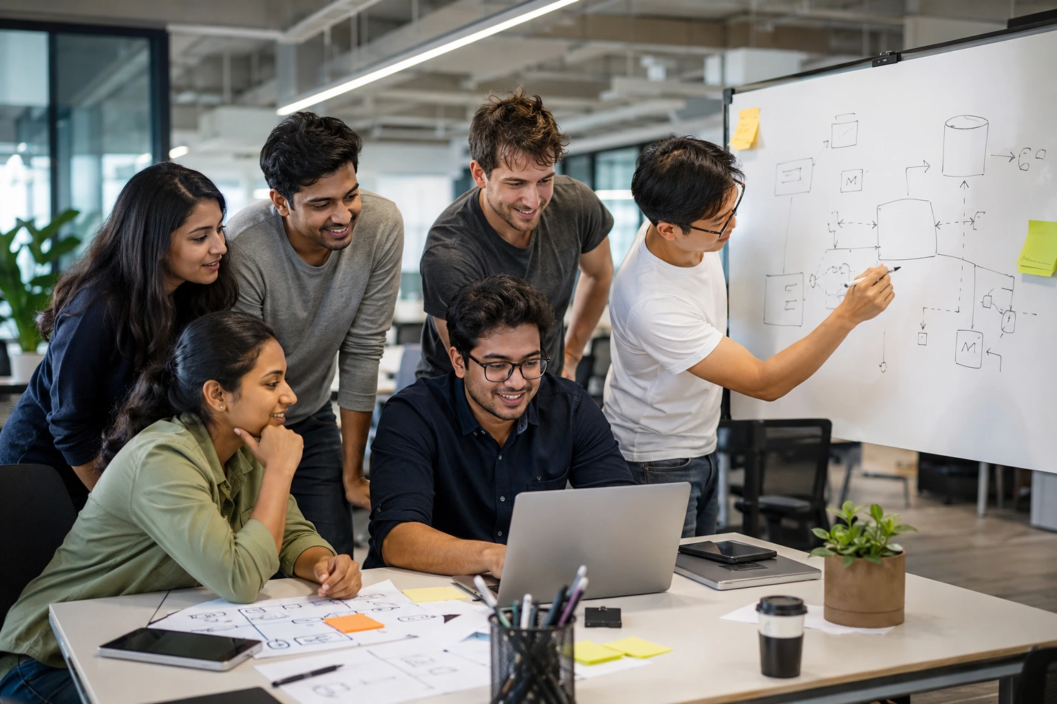 "Startup engineering team collaborating on a system design in a modern office"
