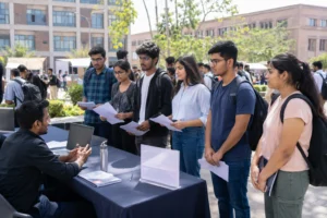 "Startup recruiter meeting engineering students at a university career fair"
