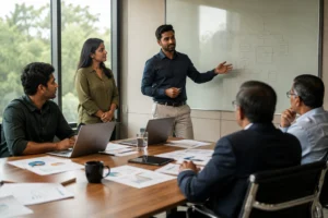"Founders presenting their technical roadmap to investors during a diligence meeting"