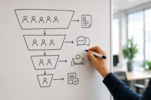 "A founder sketching a repeatable campus recruiting pipeline on a whiteboard"