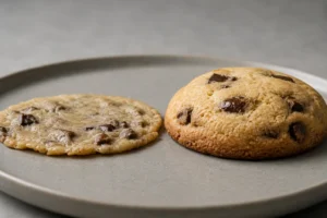 comparison of a failed thin cookie versus a properly baked thick cookie