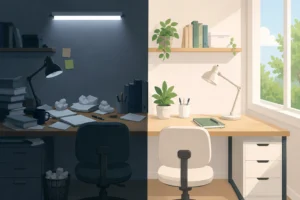 "Lighting and clutter changes that improve focus, based on interior design ideas"