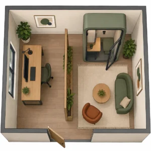 "Small shared office zoned using interior design ideas for founding teams"