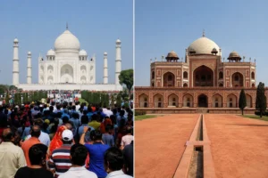 "Crowded famous landmark beside an equally striking but empty alternative destination"