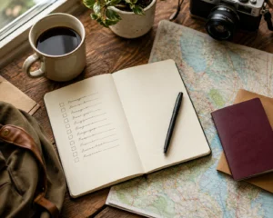 "Travel planning notebook and map for building a personal destination shortlist"