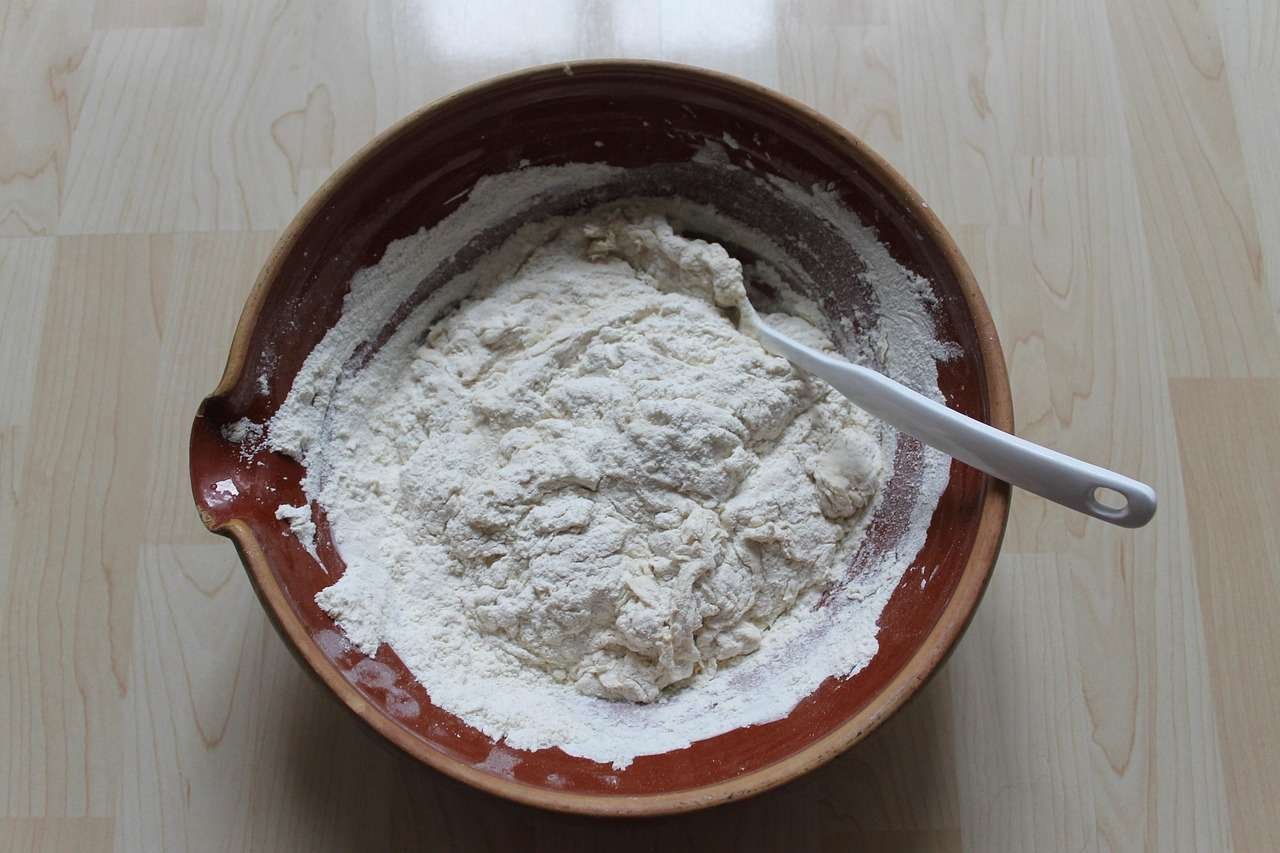 dough, mixing, spoon, bread, rising, baking, gray bread
